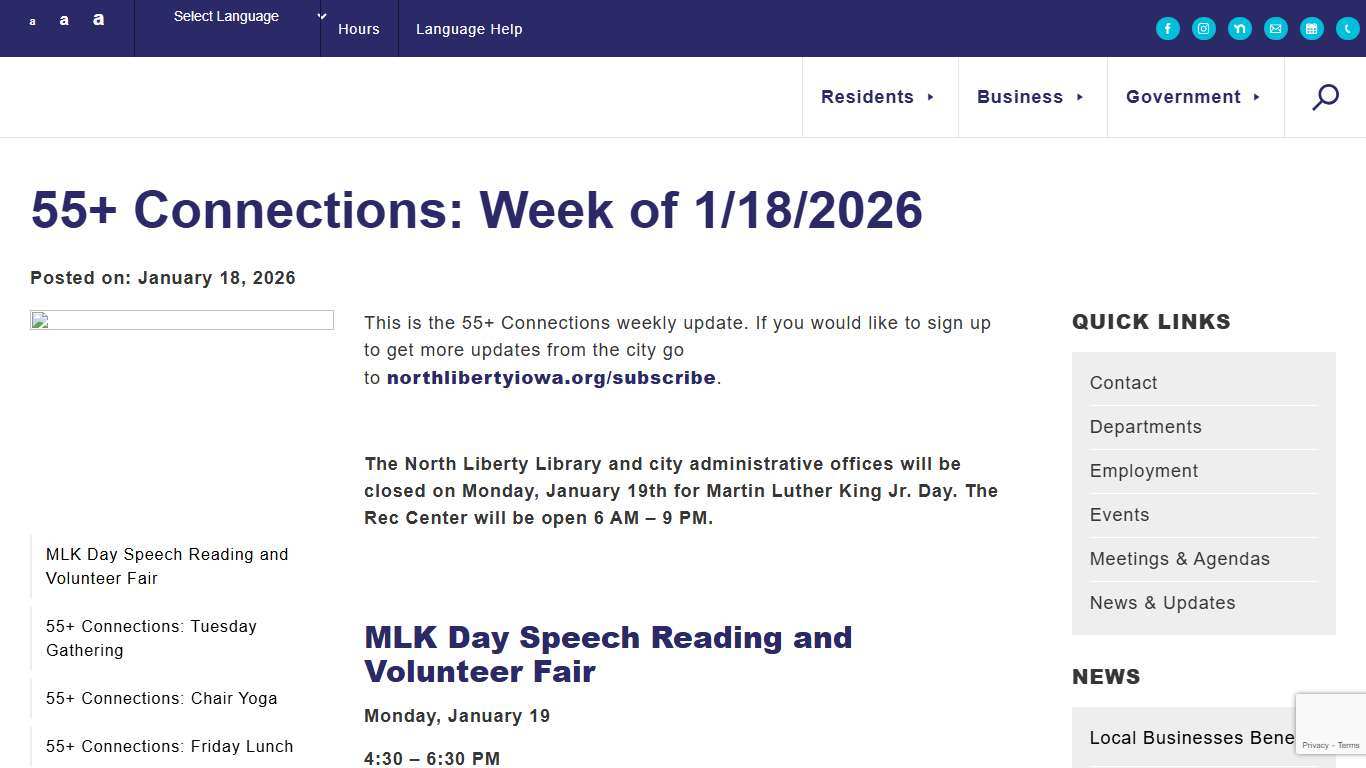 55+ Connections: Week of 1/18/2026 City of North Liberty